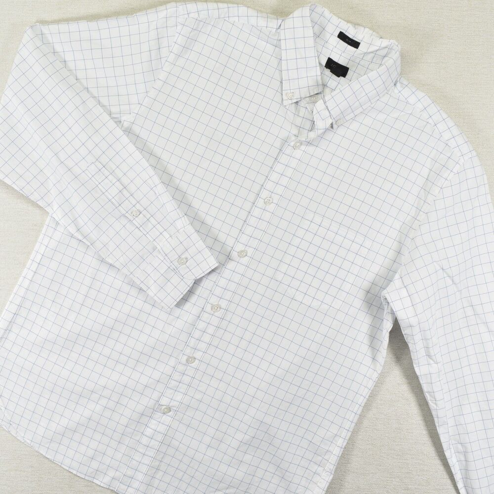 J.Crew Slim Fit Grid Windowpane Plaid Button Down Dress Shirt Large White Blue